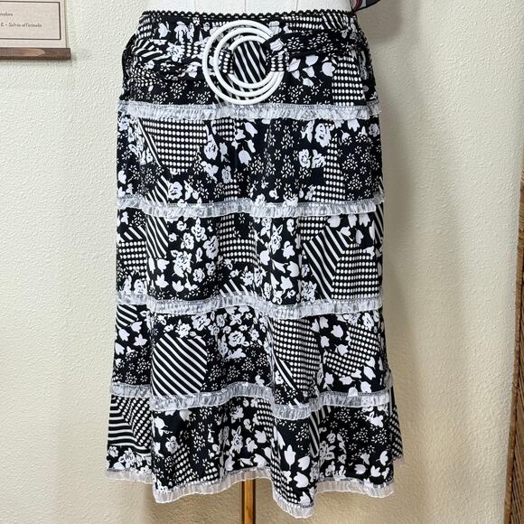 90s Y2k Floral Dot Ruffle Tiered Belted Skirt Dark Coquette Retro Rockabilly M - Picture 1 of 6